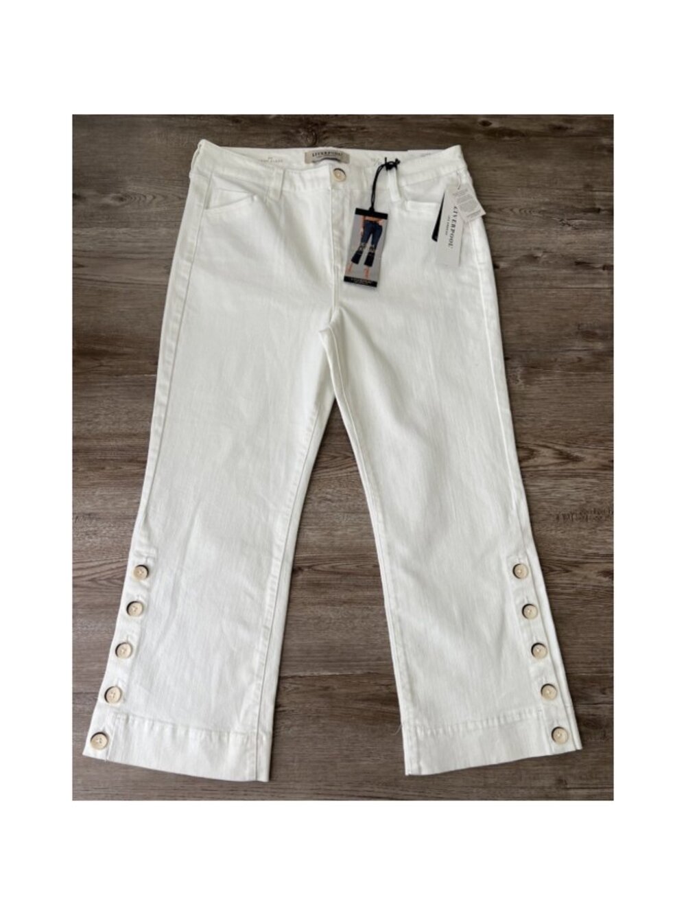 Liverpool Los Angeles Crop Flare Jeans Womens 12 White Button Hem NWT